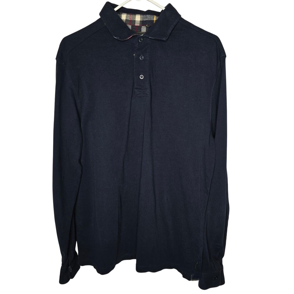 Barbour Men's Navy Long Sleeve Polo Shirt 100% Cotton Tartan Trim Size XL